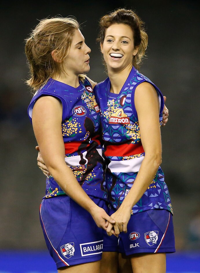 AFL 2016 Womens - Western Bulldogs v Western Australia MELBOURNE, AUSTRALIA - JUNE 05: Madeline Keryk (left) and Stephanie Chiocci of the Bulldogs celebrate on the final siren during the 2016 AFL Womens match between Western Bulldogs and Western Australia at Etihad Stadium on June 05, 2016 in Melbourne, Australia. (Photo by Adam Trafford/AFL Media)